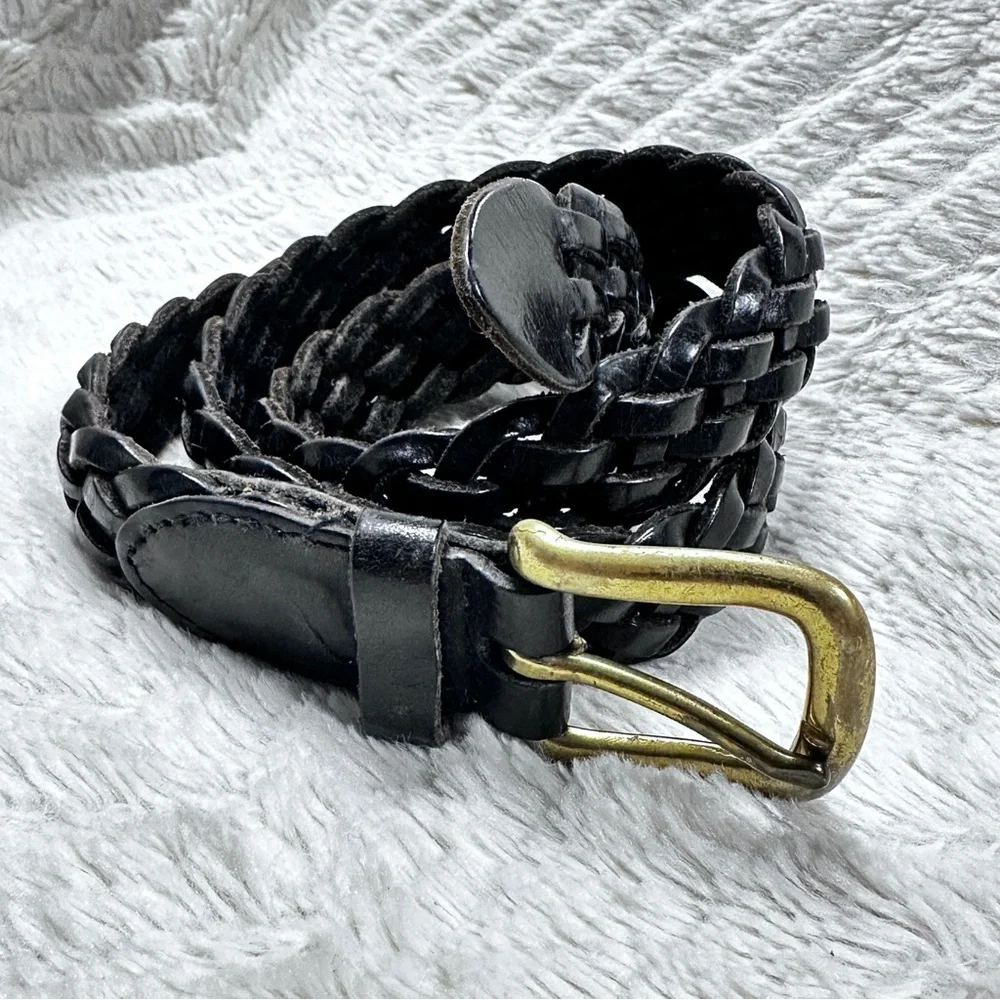 GAP Black Genuine Braided Leather  Belt Solid Brass Buckle, Adjustable EUC!